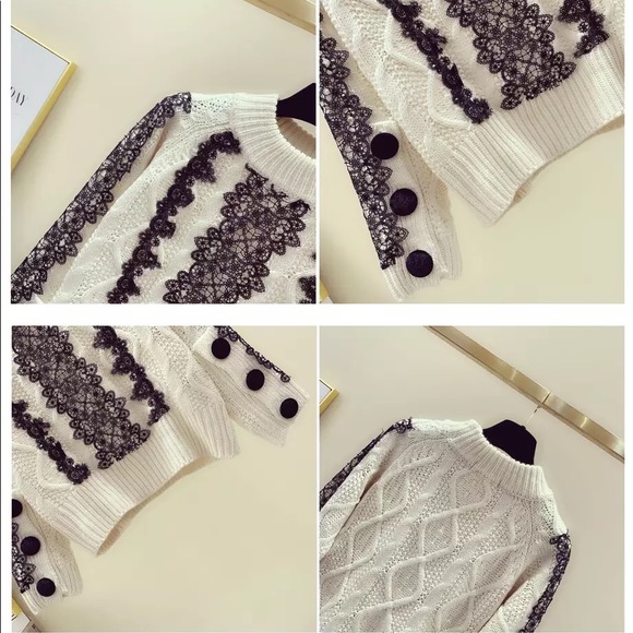 Chunky lace knit sweater button cream beige black lace long sleeve winter - Picture 5 of 5